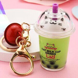 Green Cat Milk Tea Boba Baby Liquid Keychain Fidget Toy Kawaii Bag Charm NEW